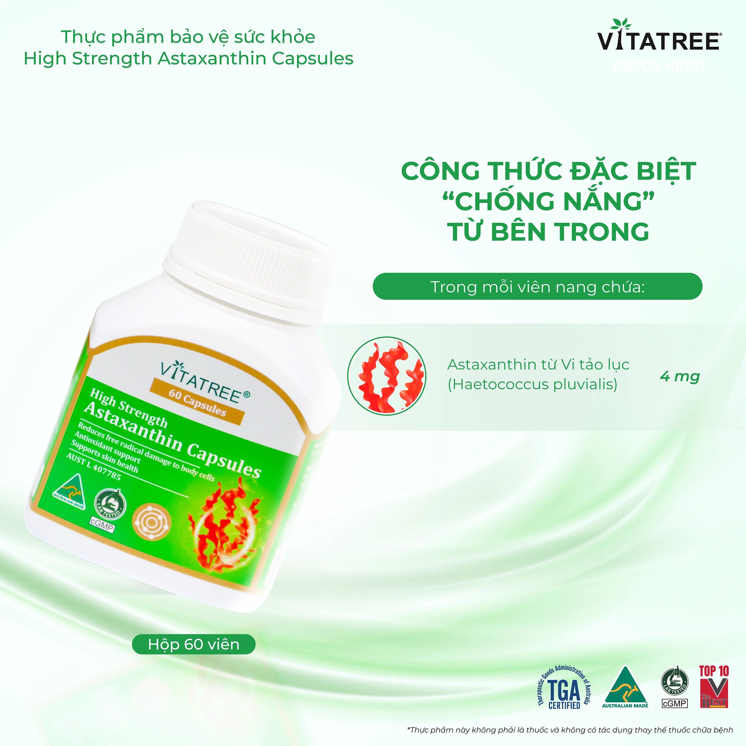 Hình ảnh Viên uống hỗ trợ chống oxy hoá, hỗ trợ sức khoẻ da, tăng cường sức đề kháng Vitatree High Strength Astaxanthin (Hộp 60 viên)