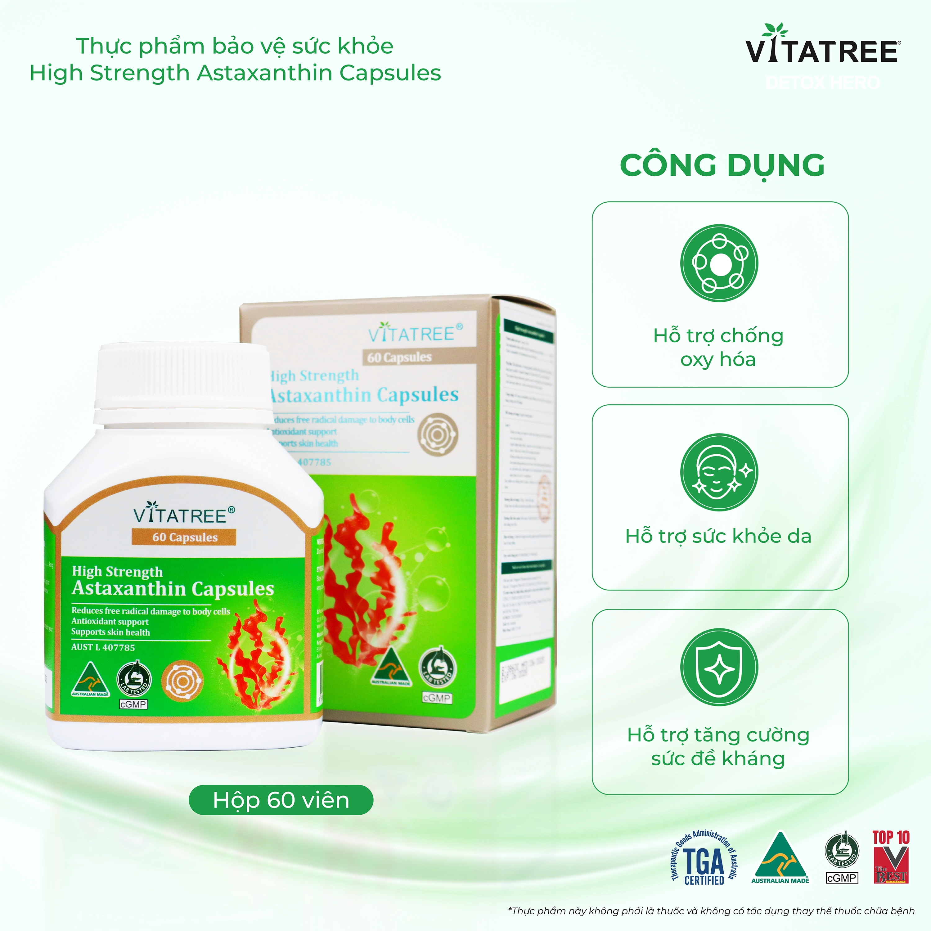 Hình ảnh Viên uống hỗ trợ chống oxy hoá, hỗ trợ sức khoẻ da, tăng cường sức đề kháng Vitatree High Strength Astaxanthin (Hộp 60 viên)