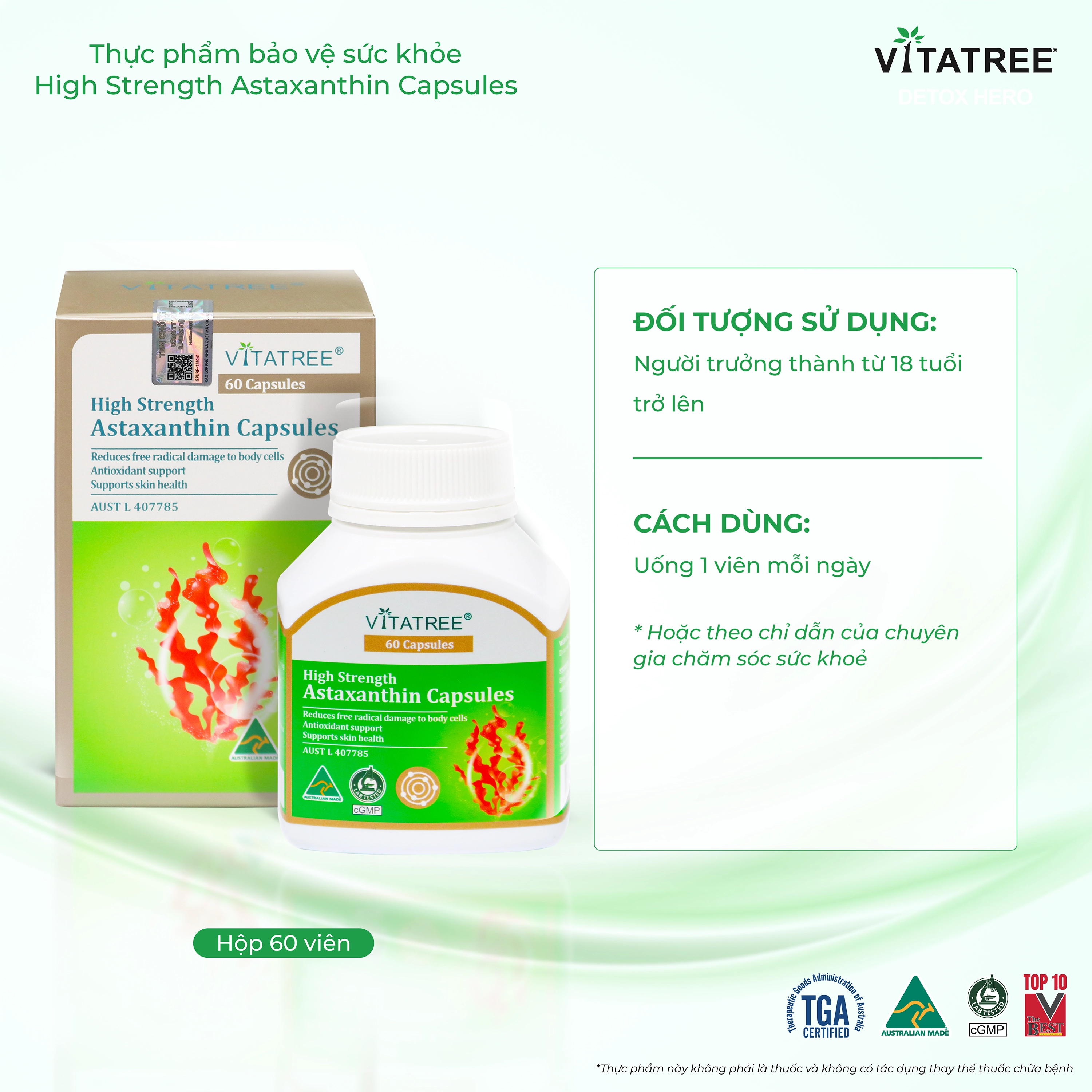 Hình ảnh Viên uống hỗ trợ chống oxy hoá, hỗ trợ sức khoẻ da, tăng cường sức đề kháng Vitatree High Strength Astaxanthin (Hộp 60 viên)