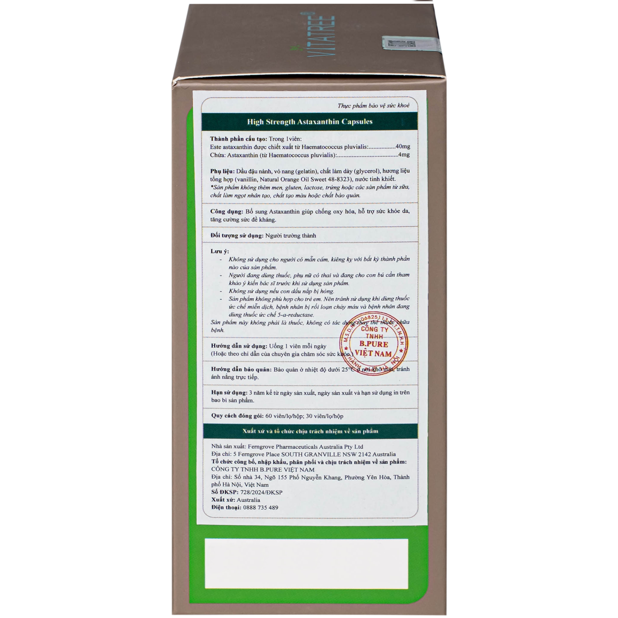 Hình ảnh Viên uống hỗ trợ chống oxy hoá, hỗ trợ sức khoẻ da, tăng cường sức đề kháng Vitatree High Strength Astaxanthin (Hộp 60 viên)