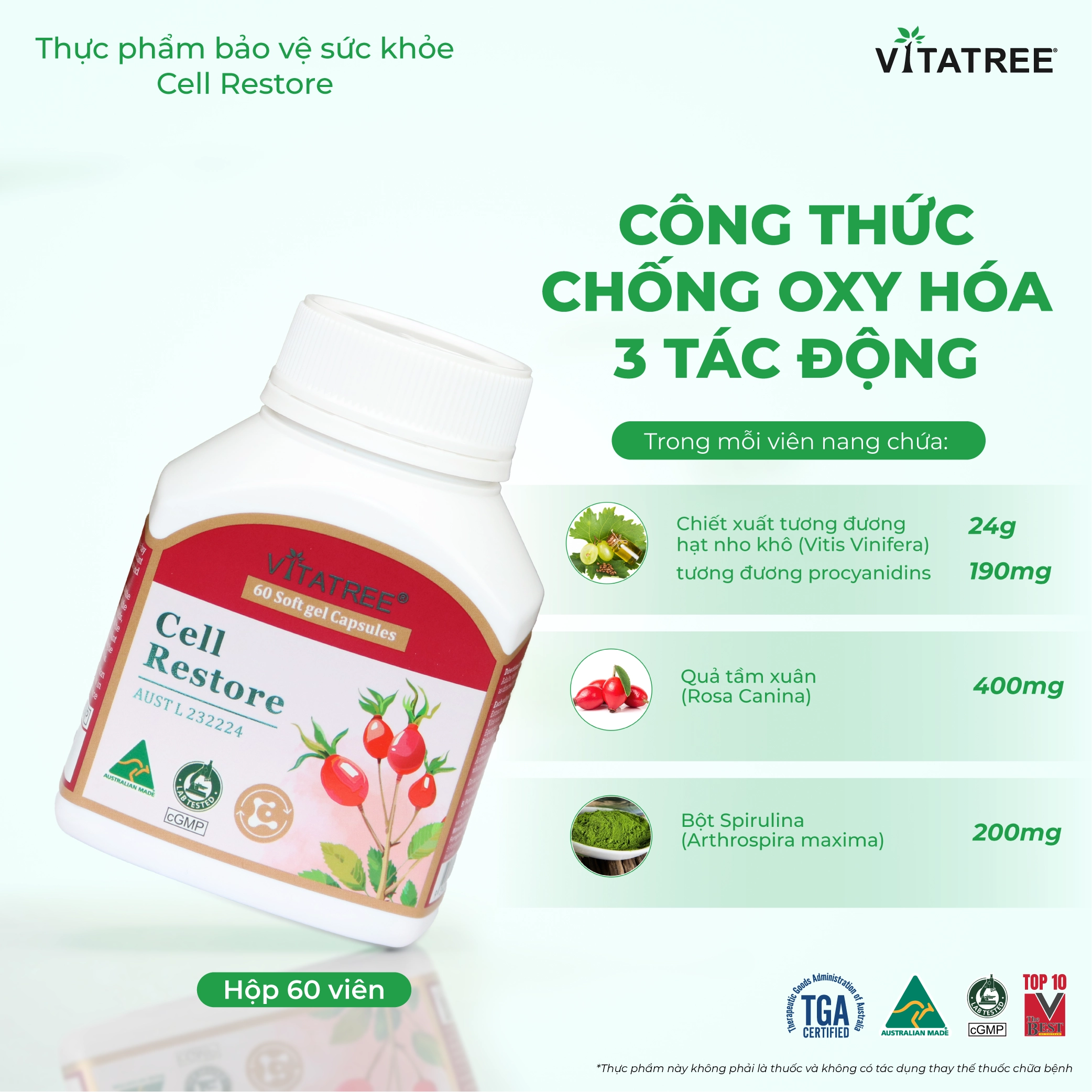 Hình ảnh Viên uống hỗ trợ chống oxy hoá, hỗ trợ duy trì sức khoẻ, tốt cho mắt Vitatree Cell Restore (Hộp 60 viên)