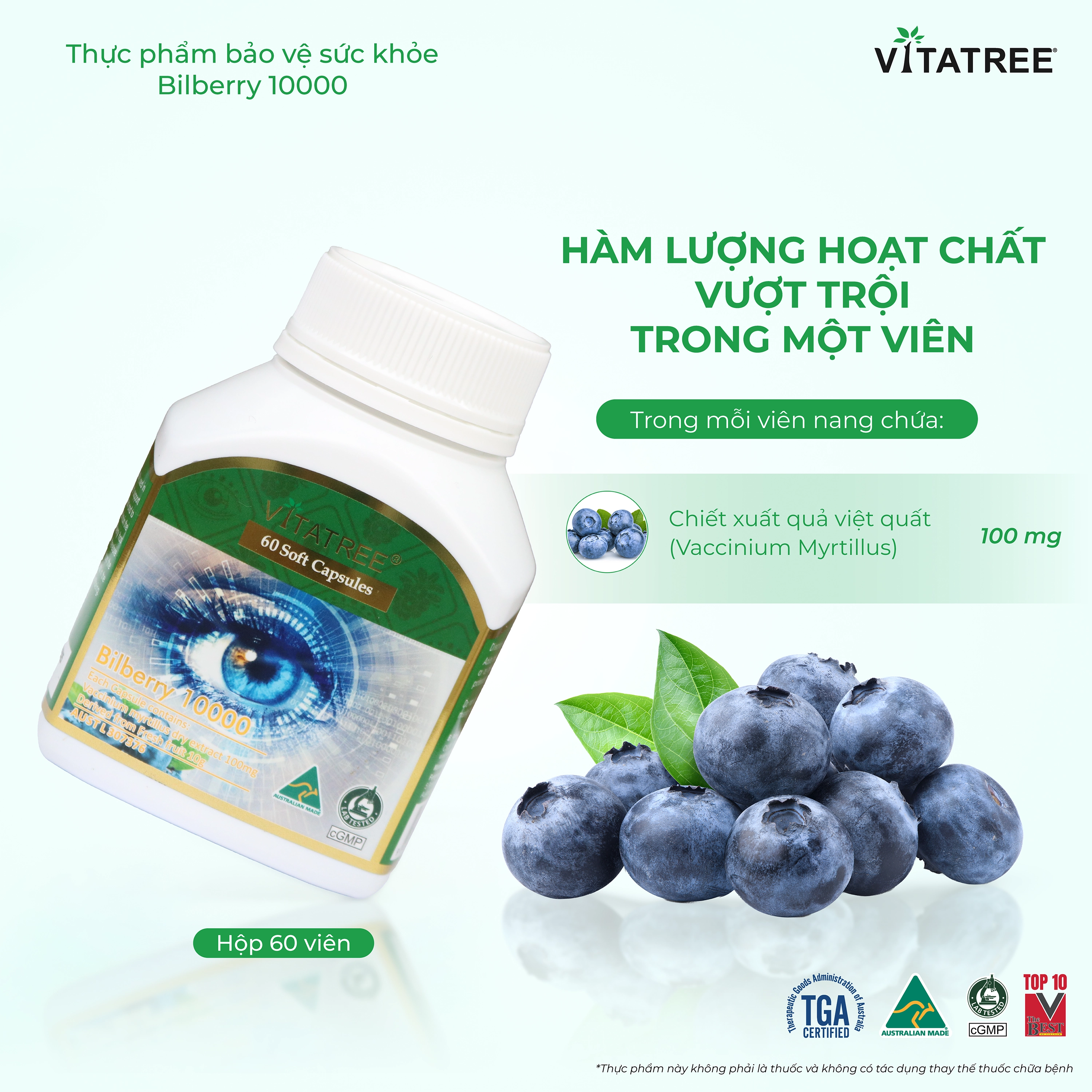 Hình ảnh Viên uống hỗ trợ duy trì sức khoẻ của mắt và tăng cường thị lực Vitatree Bilberry 10000 (Hộp 60 viên)