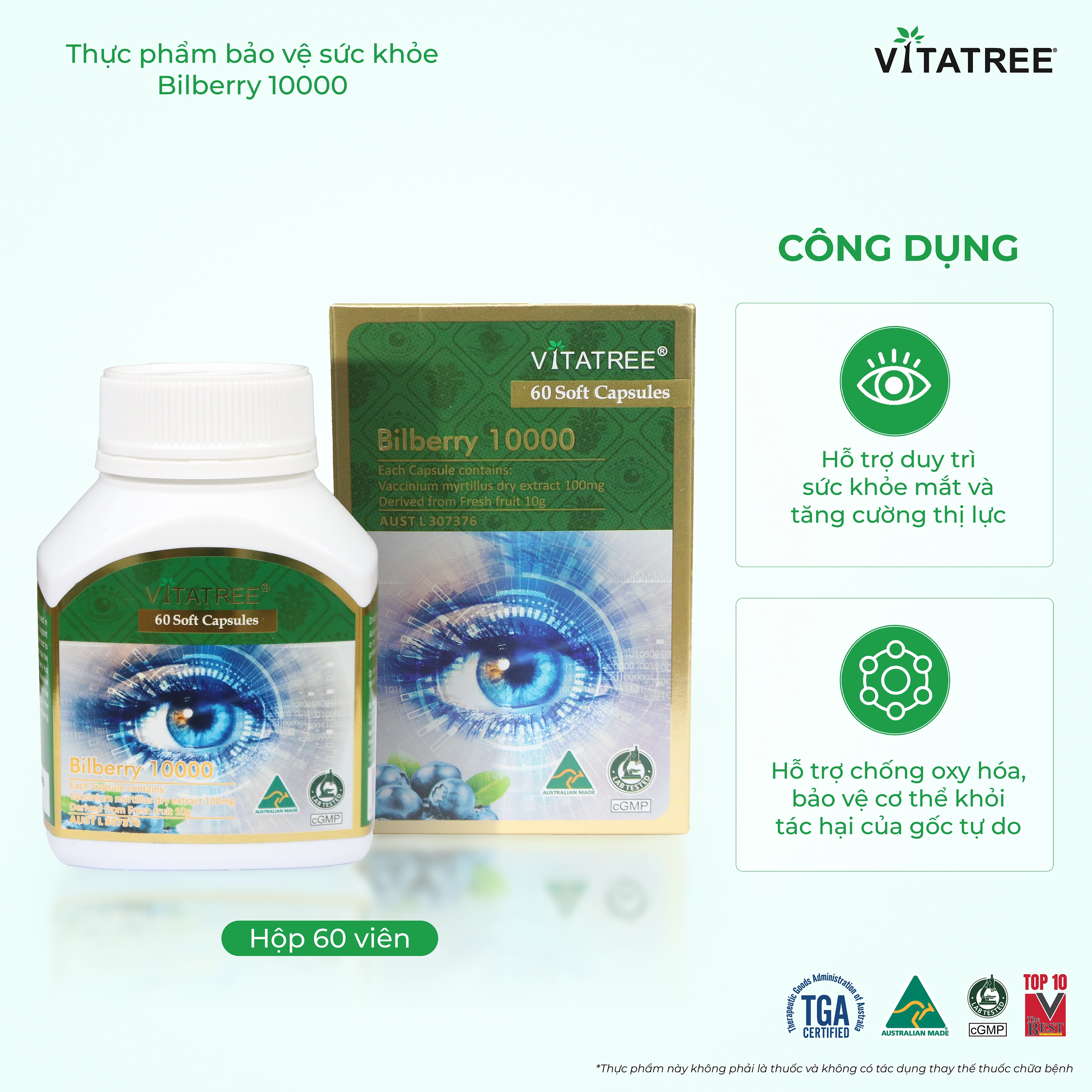 Hình ảnh Viên uống hỗ trợ duy trì sức khoẻ của mắt và tăng cường thị lực Vitatree Bilberry 10000 (Hộp 60 viên)