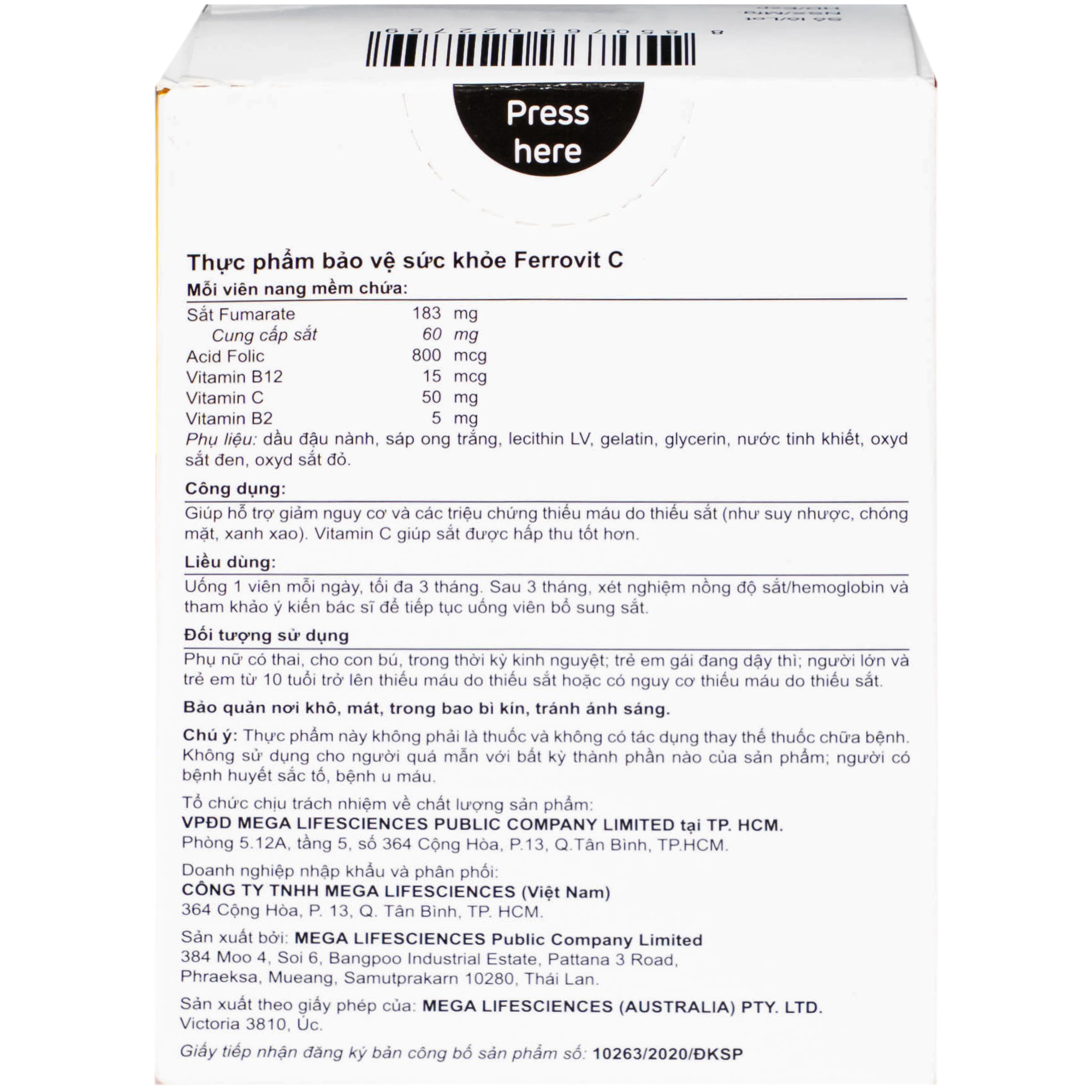 Hình ảnh Viên uống hỗ trợ giảm nguy cơ thiếu máu do thiếu sắt Ferrovit C Mega (3 vỉ x 10 viên)