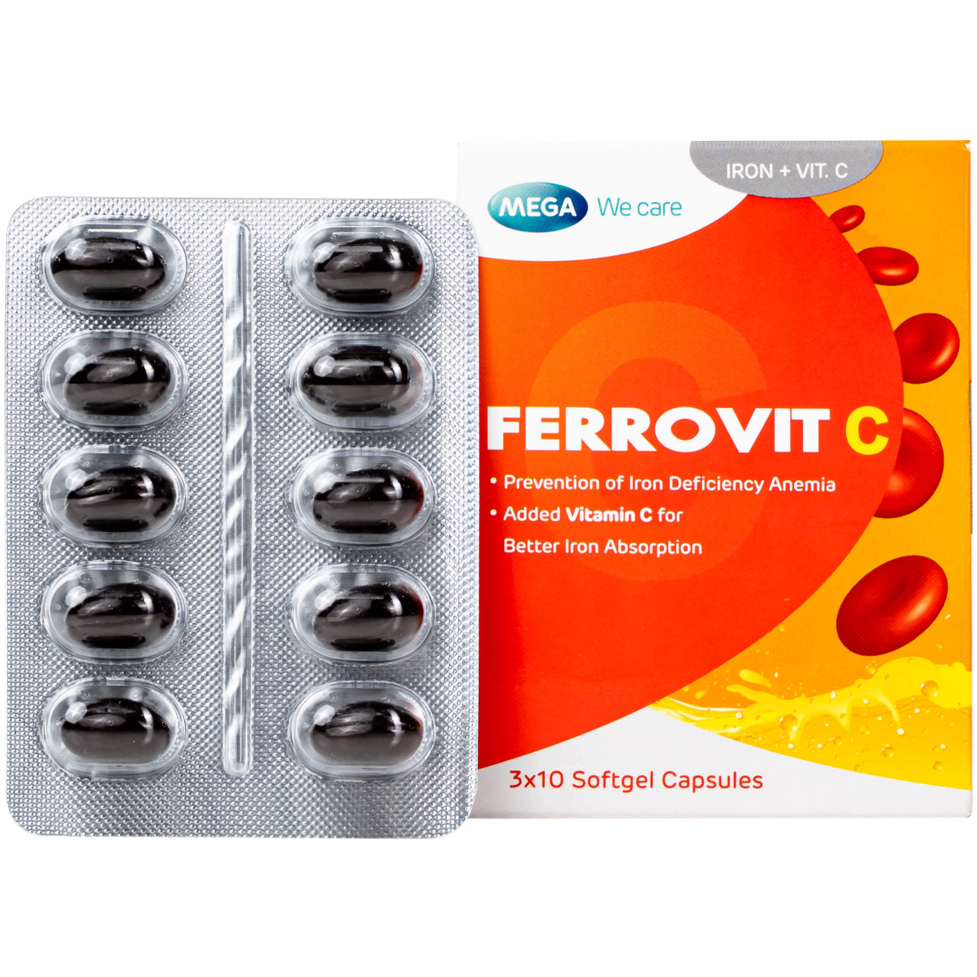 Hình ảnh Viên uống hỗ trợ giảm nguy cơ thiếu máu do thiếu sắt Ferrovit C Mega (3 vỉ x 10 viên)