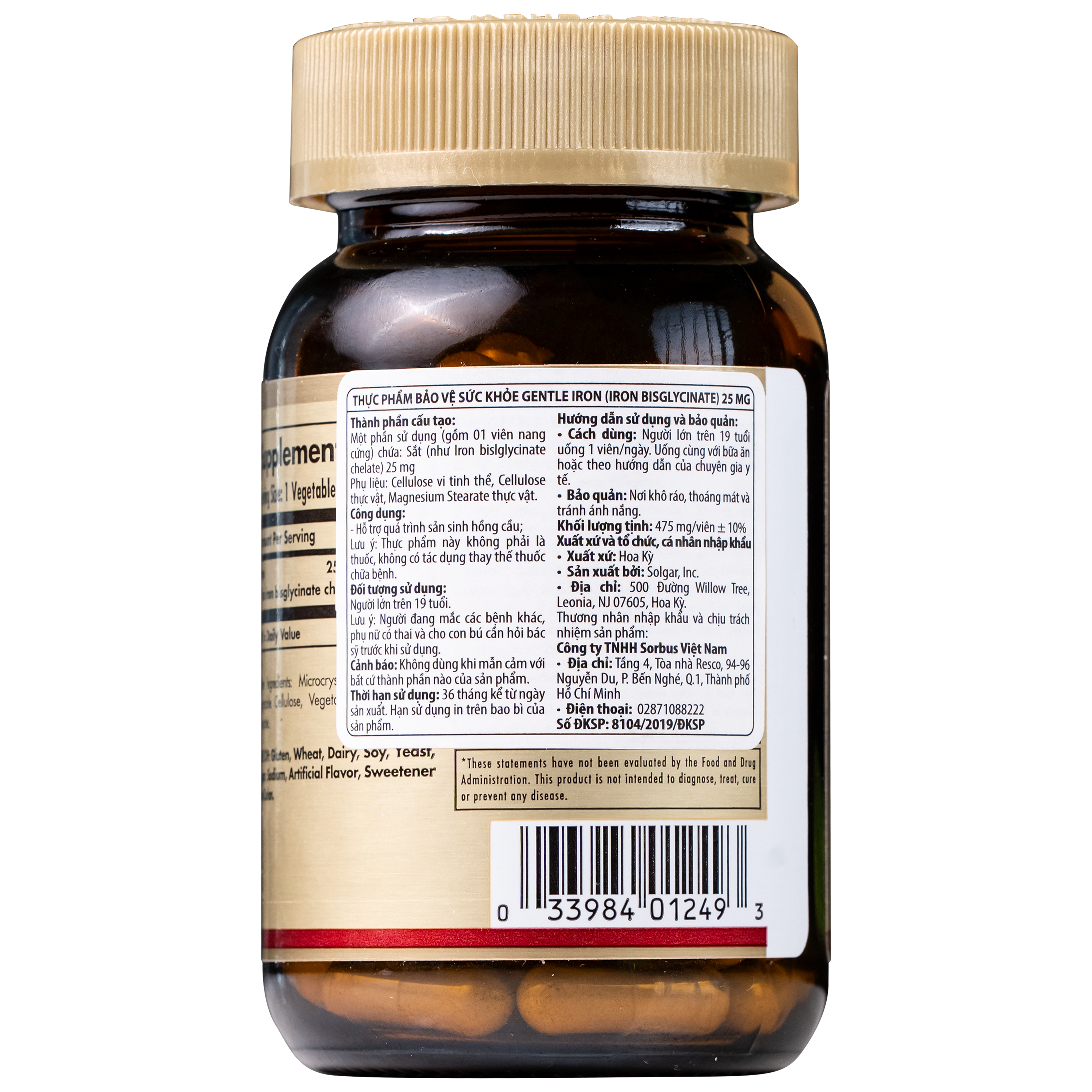 Hình ảnh Viên uống hỗ trợ quá trình sản sinh hồng cầu Gentle Iron (Iron Bisglycinate) 25 mg Solgar (90 viên)