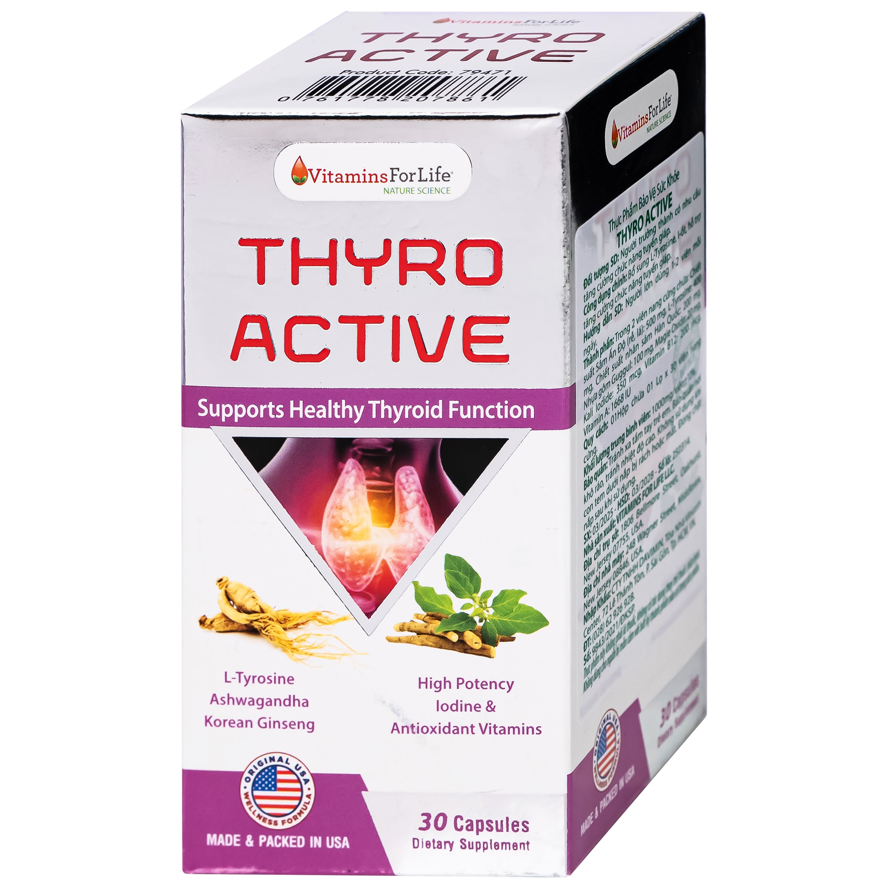 Hình ảnh Viên uống bổ sung L-Tyrosine, I-ốt, hỗ trợ tăng cường chức năng tuyến giáp Thyro Active Vitamins For Life (Hộp 30 viên)