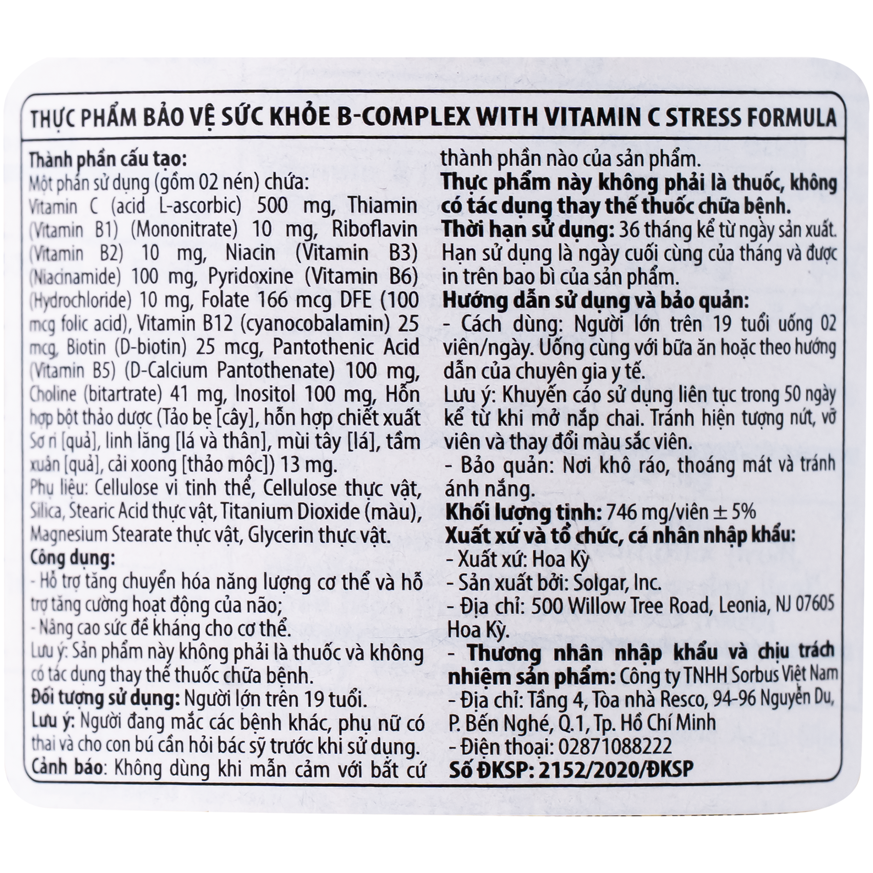 Hình ảnh Viên uống hỗ trợ tăng cường hoạt động của não B-Complex with Vitamin C Stress Formula Solgar (100 viên)