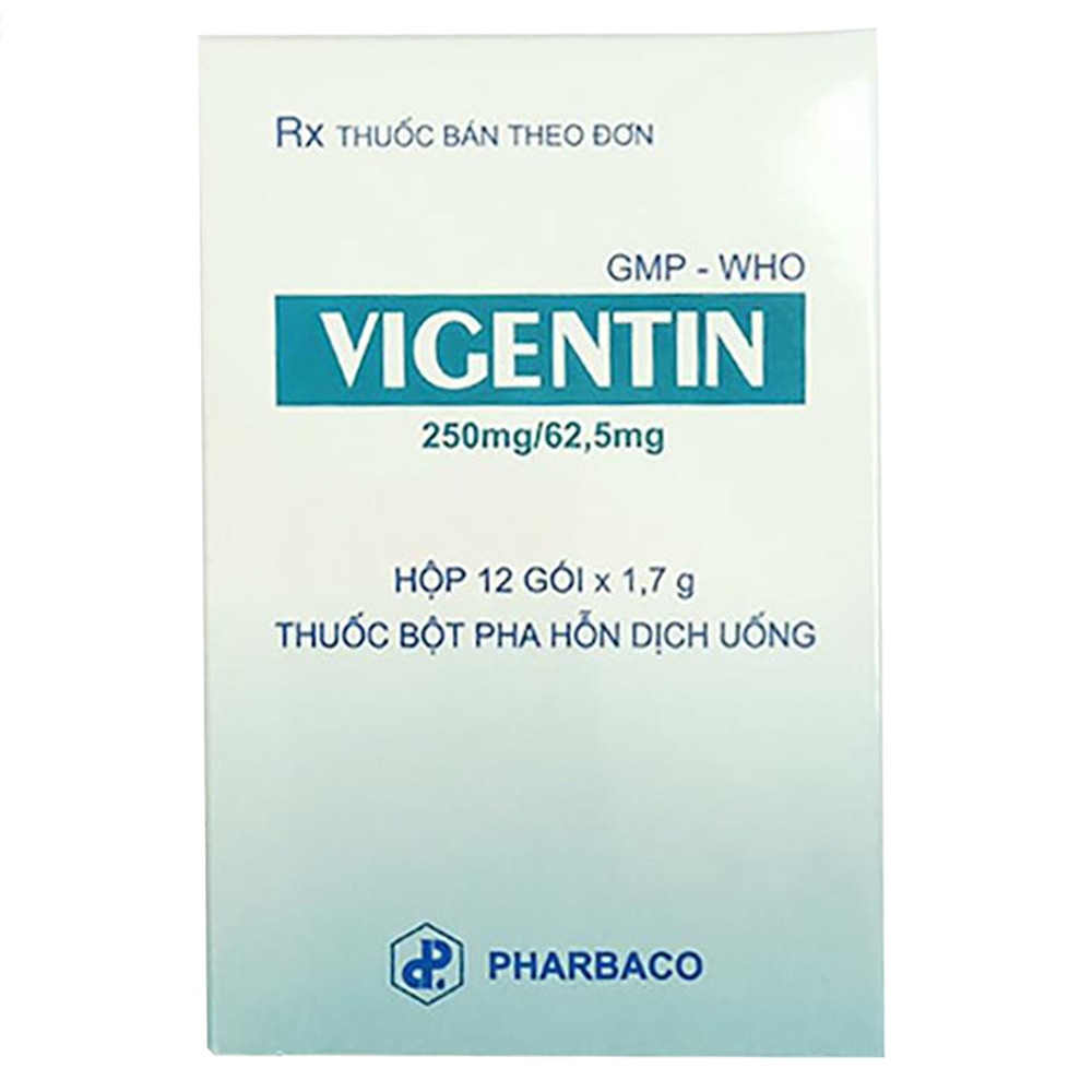 Hình ảnh Thuốc Vigentin 250mg/62.5mg Pharbaco điều trị nhiễm khuẩn ở đường hô hấp trên và dưới (12 gói)