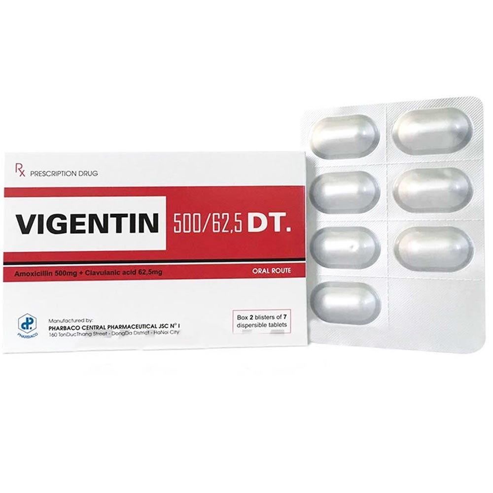 Hình ảnh Thuốc Vigentin 500/62.5 DT Pharbaco điều trị nhiều loại nhiễm khuẩn ở đường hô hấp trên (2 vỉ x 7 viên)