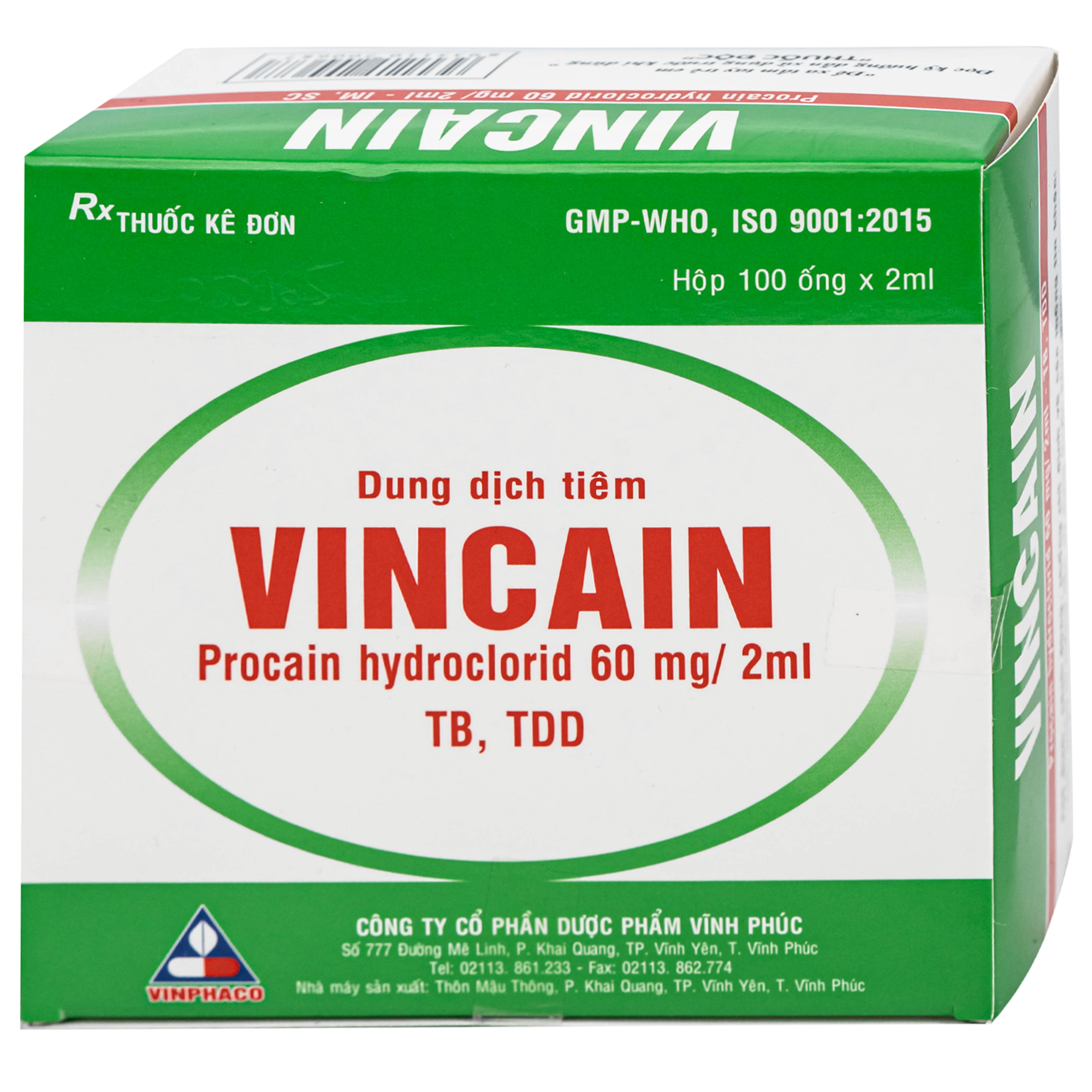 Hình ảnh Dung dịch tiêm Vincain 60mg Vinphaco gây tê tại chỗ, gây tê cột sống (100 ống x 2ml)