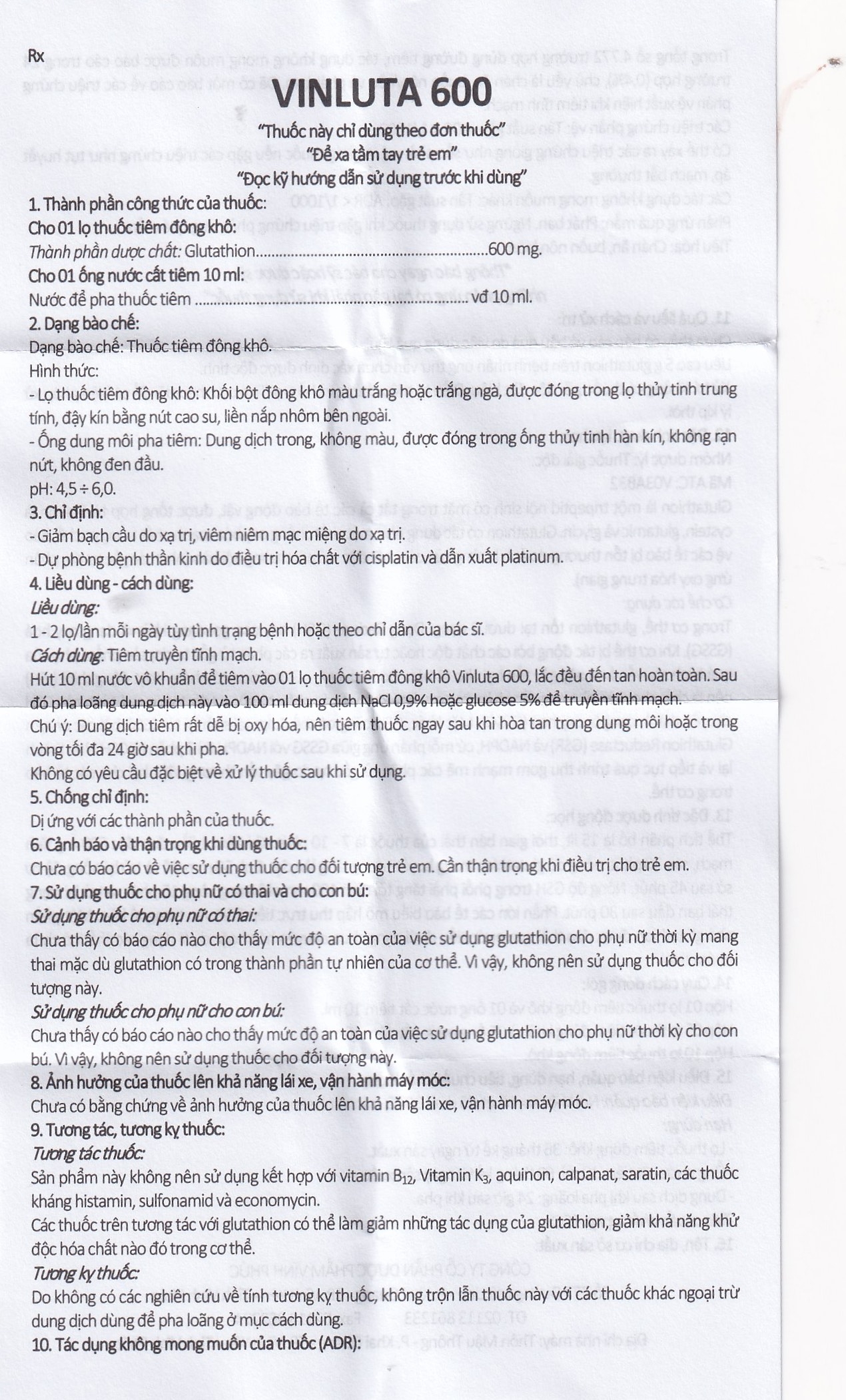 Hình ảnh Thuốc tiêm Vinluta 600 Vinphaco giảm độc tính của xạ trị và hóa chất điều trị ung thư (1 lọ bột + 1 ống nước cất tiêm 10ml)