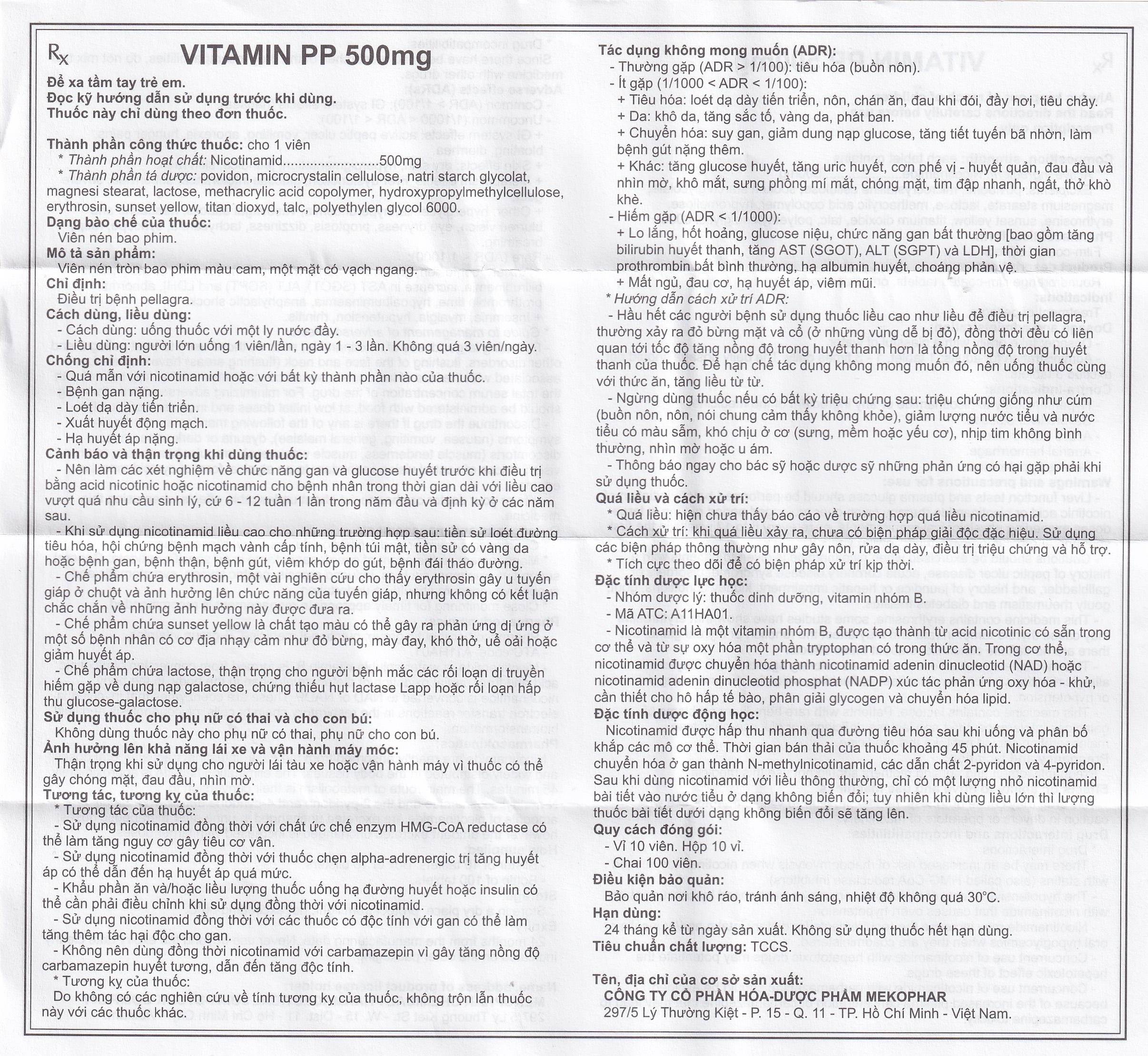 Hình ảnh Thuốc Vitamin PP 500mg Mekophar điều trị bệnh pellagra (10 vỉ x 10 viên)