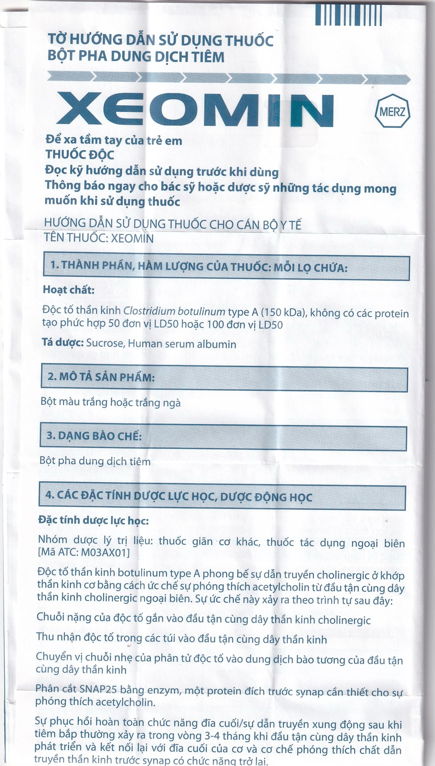 Hình ảnh Thuốc Xeomin 100 Units Merz điều trị loạn trương lực cơ cổ, co thắt mi, co cứng sau đột quỵ chi trên