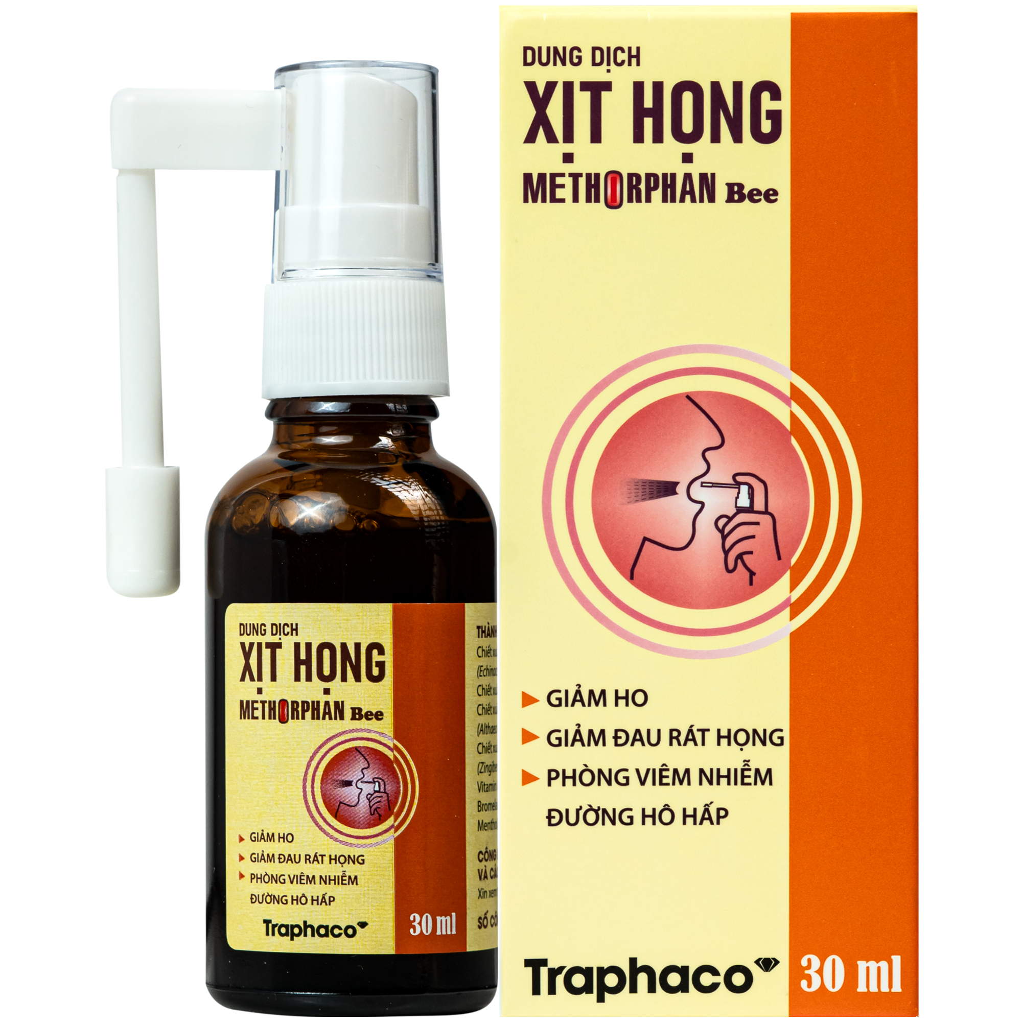 Hình ảnh Xịt họng Methorphan Bee Traphaco giảm ho, viêm họng, viêm phế quản - Giảm nhiệt miệng, viêm loét miệng, viêm nướu, hôi miệng (30ml)