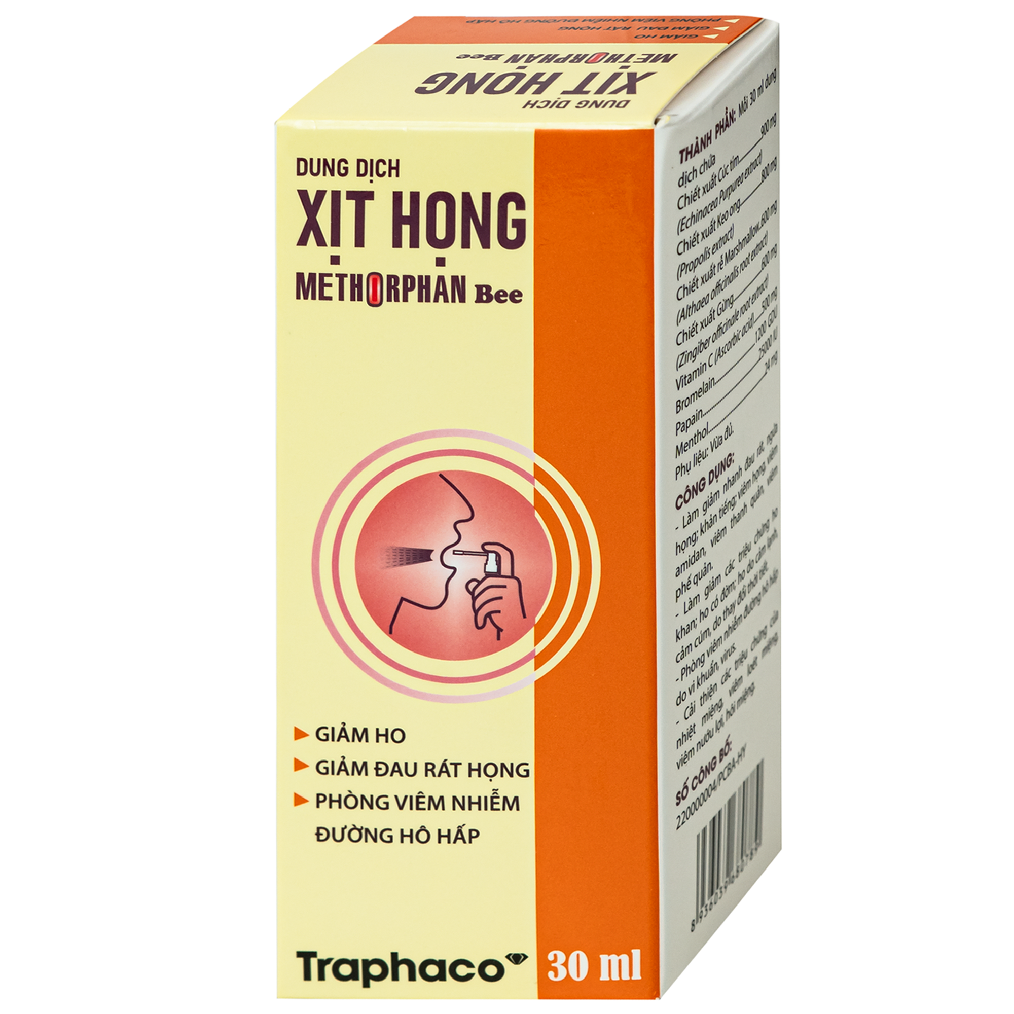Hình ảnh Xịt họng Methorphan Bee Traphaco giảm ho, viêm họng, viêm phế quản - Giảm nhiệt miệng, viêm loét miệng, viêm nướu, hôi miệng (30ml)