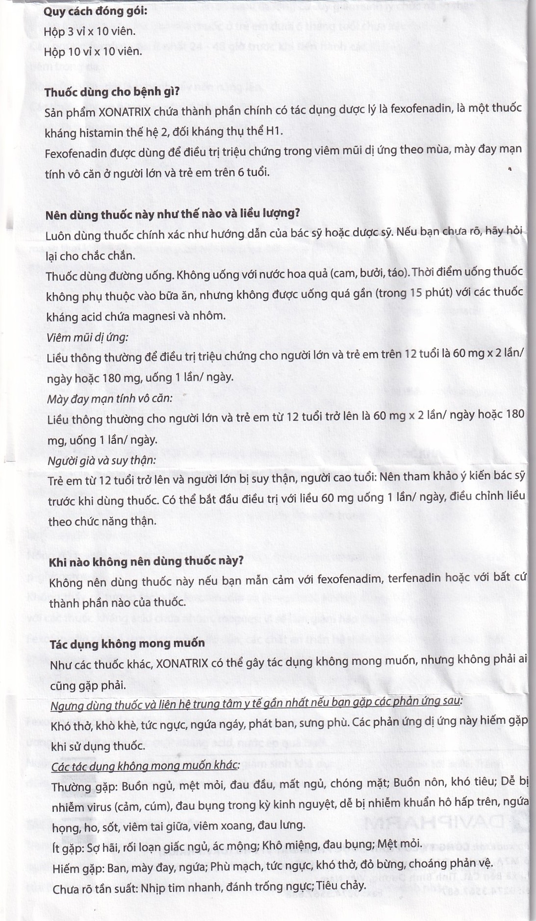 Hình ảnh Thuốc Xonatrix 60mg DaviPharm điều trị triệu chứng viêm mũi dị ứng theo mùa (3 vỉ x 10 viên) 