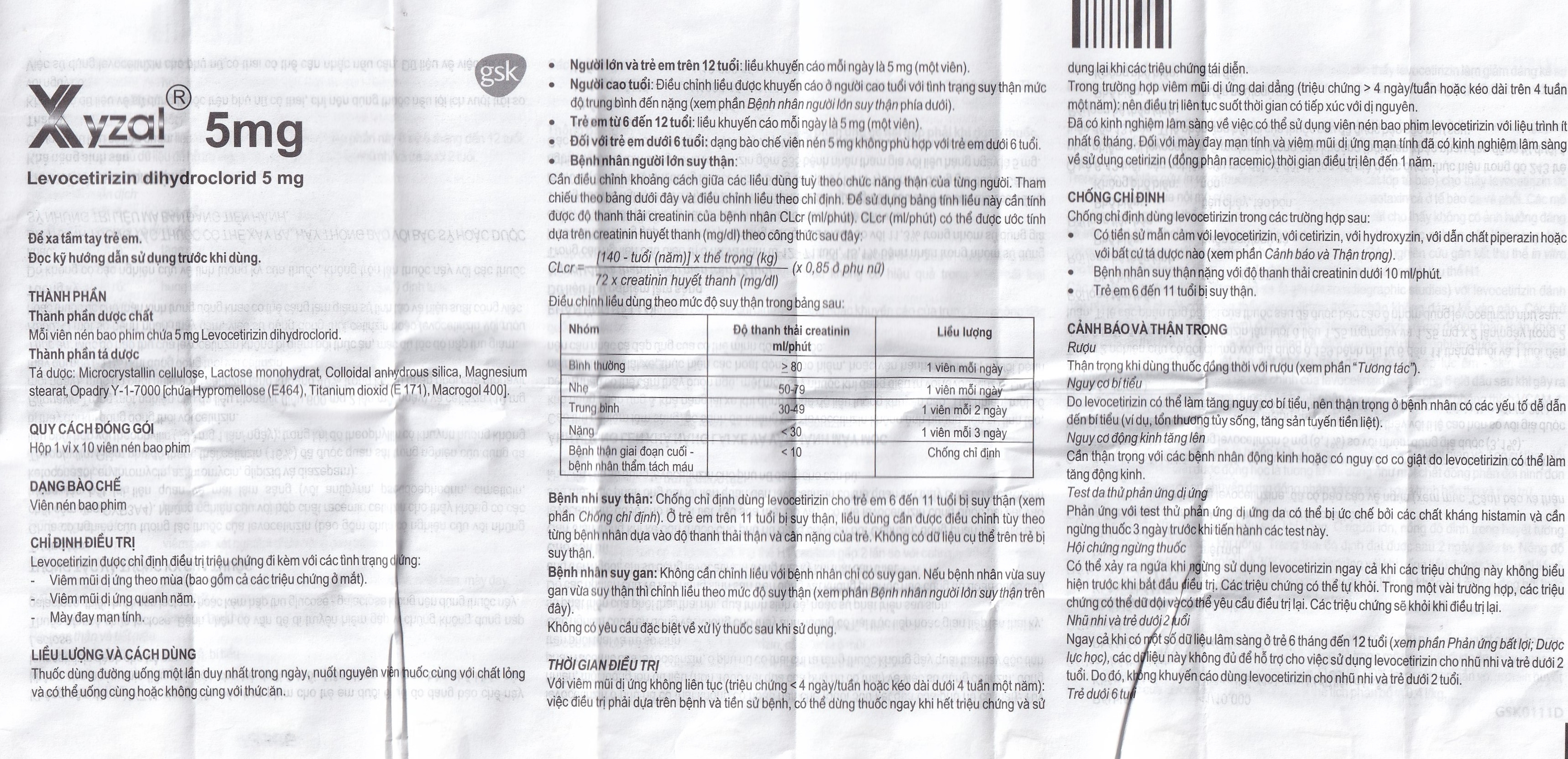 Hình ảnh Thuốc Xyzal 5mg GSK điều trị triệu chứng viêm mũi dị ứng theo mùa (1 vỉ x 10 viên)