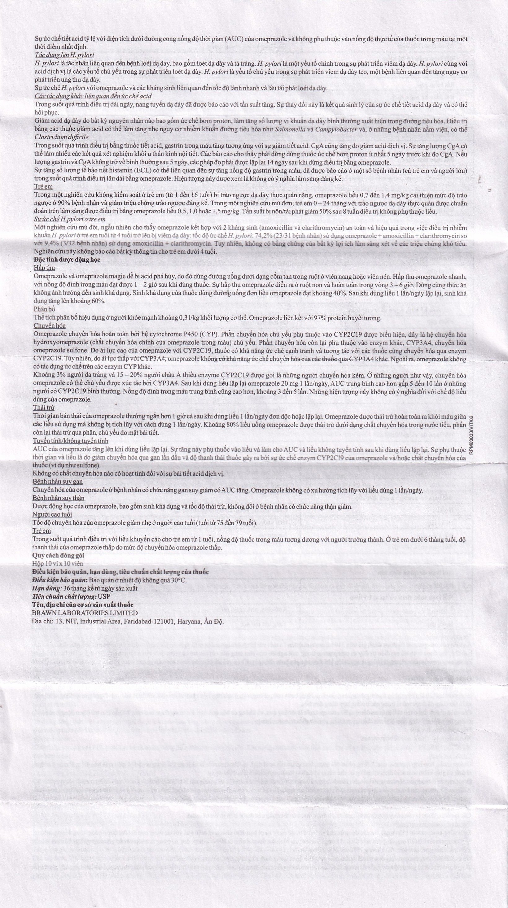 Hình ảnh Viên nang Omeprazole Delayed Release Brawn điều trị loét dạ dày tá tràng (10 vỉ x 10 viên)