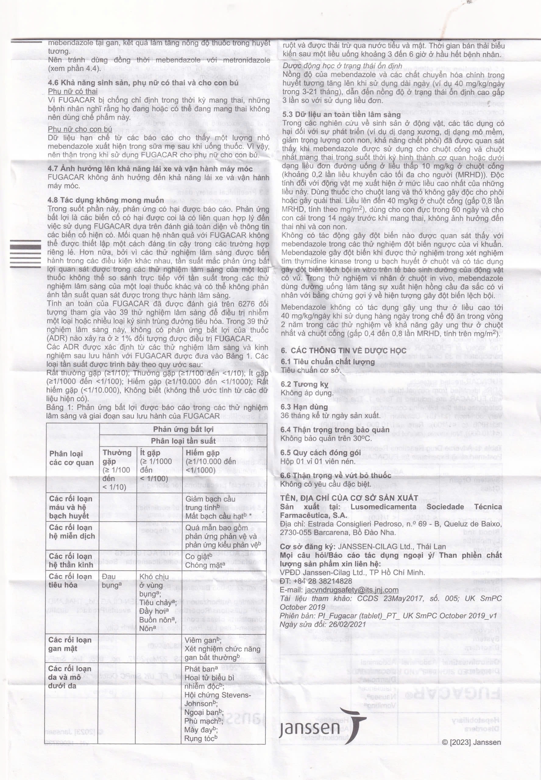 Hình ảnh Thuốc Fugacar 500mg Janssen điều trị nhiễm giun (1 viên)