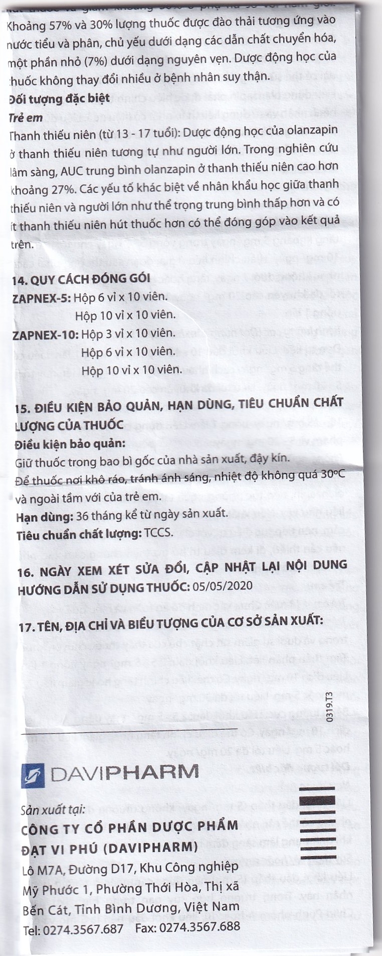 Hình ảnh Thuốc Zapnex-5 DaviPharm điều trị tâm thần phân liệt (6 vỉ x 10 viên) 