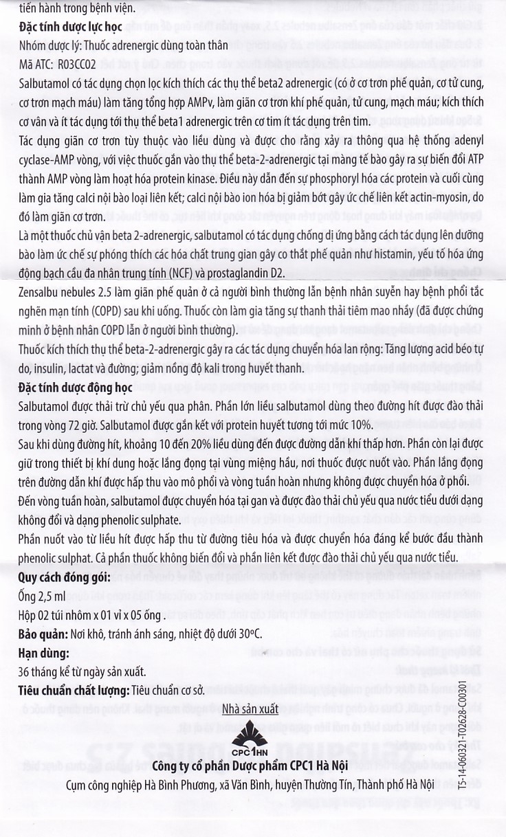 Hình ảnh Thuốc Zensalbu 2.5mg CPC1HN kiểm soát co thắt phế quản mạn, điều trị hen nặng cấp tính (2 vỉ x 5 ống)