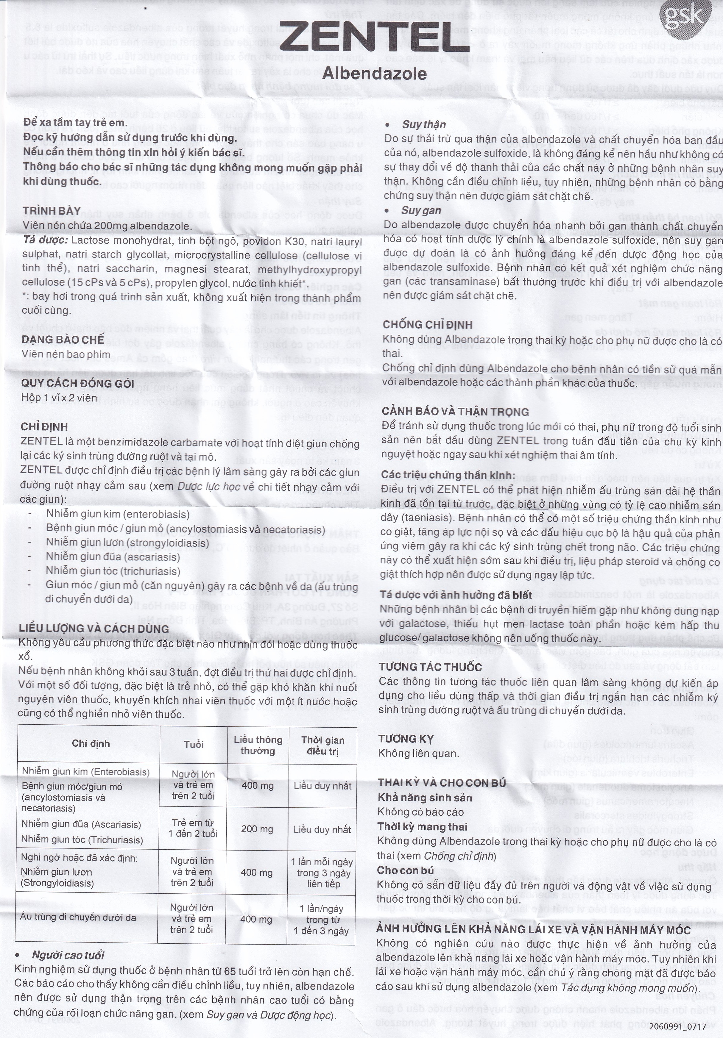 Hình ảnh Thuốc Zentel Albendazole 200mg GSK điều trị các loại giun đường ruột nhạy cảm (1 vỉ x 2 viên)