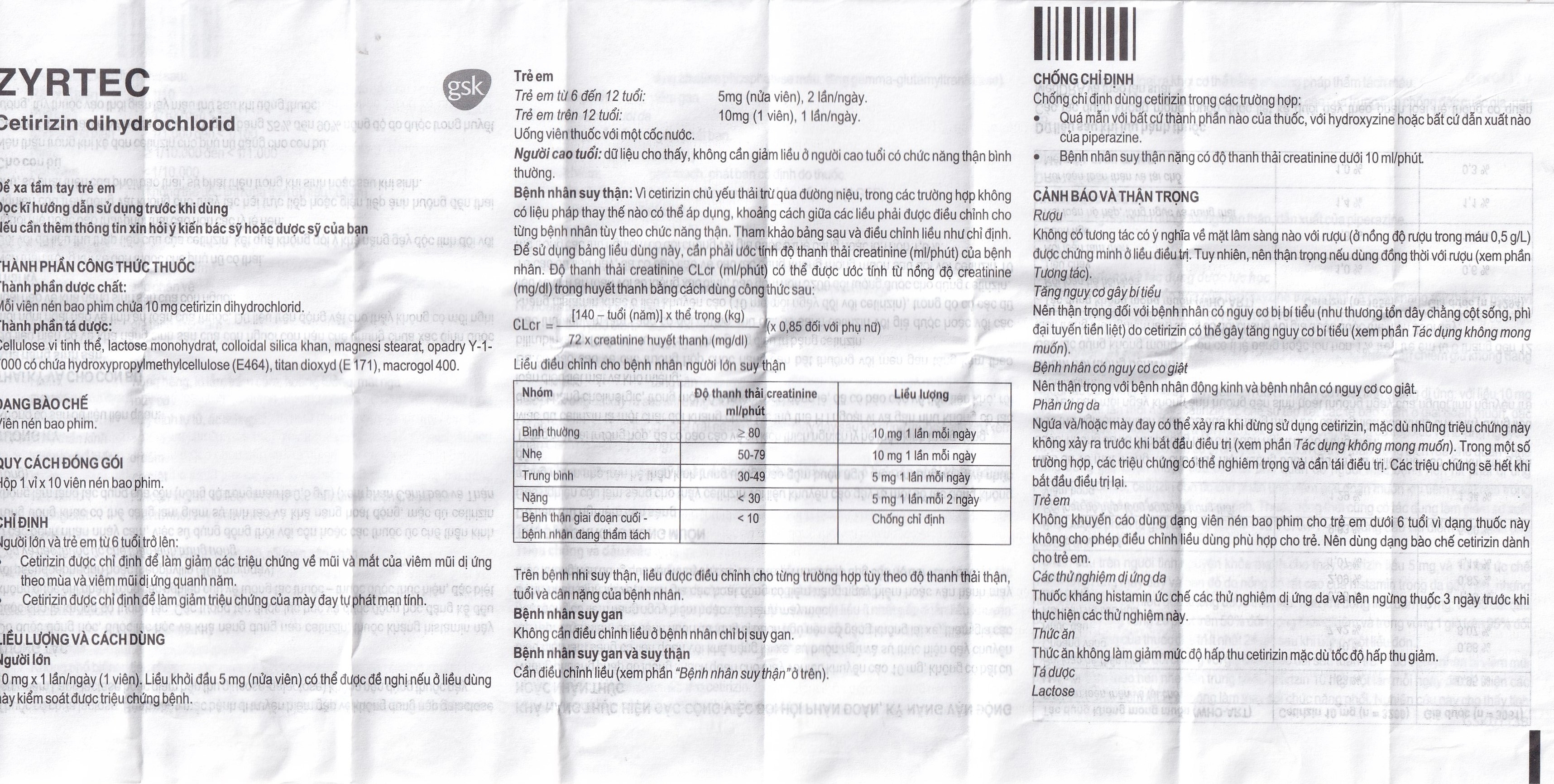 Hình ảnh Thuốc Zyrtec GSK giảm viêm mũi dị ứng, mày đay tự phát, mạn tính (1 vỉ x 10 viên)