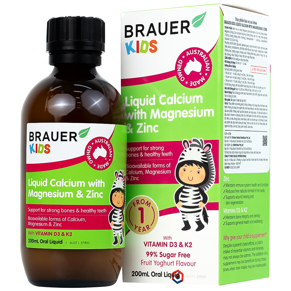 Siro Brauer Kids Liquid Calcium with Magnesium And Zinc hỗ trợ xương, răng phát triển chắc khỏe cho bé (200ml)