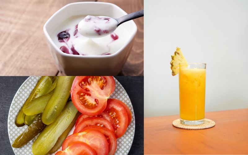 Các bà bầu có thể bổ sung các thực phẩm có chứa men tiêu hóa tự nhiên như sữa chua, nước ép dứa...