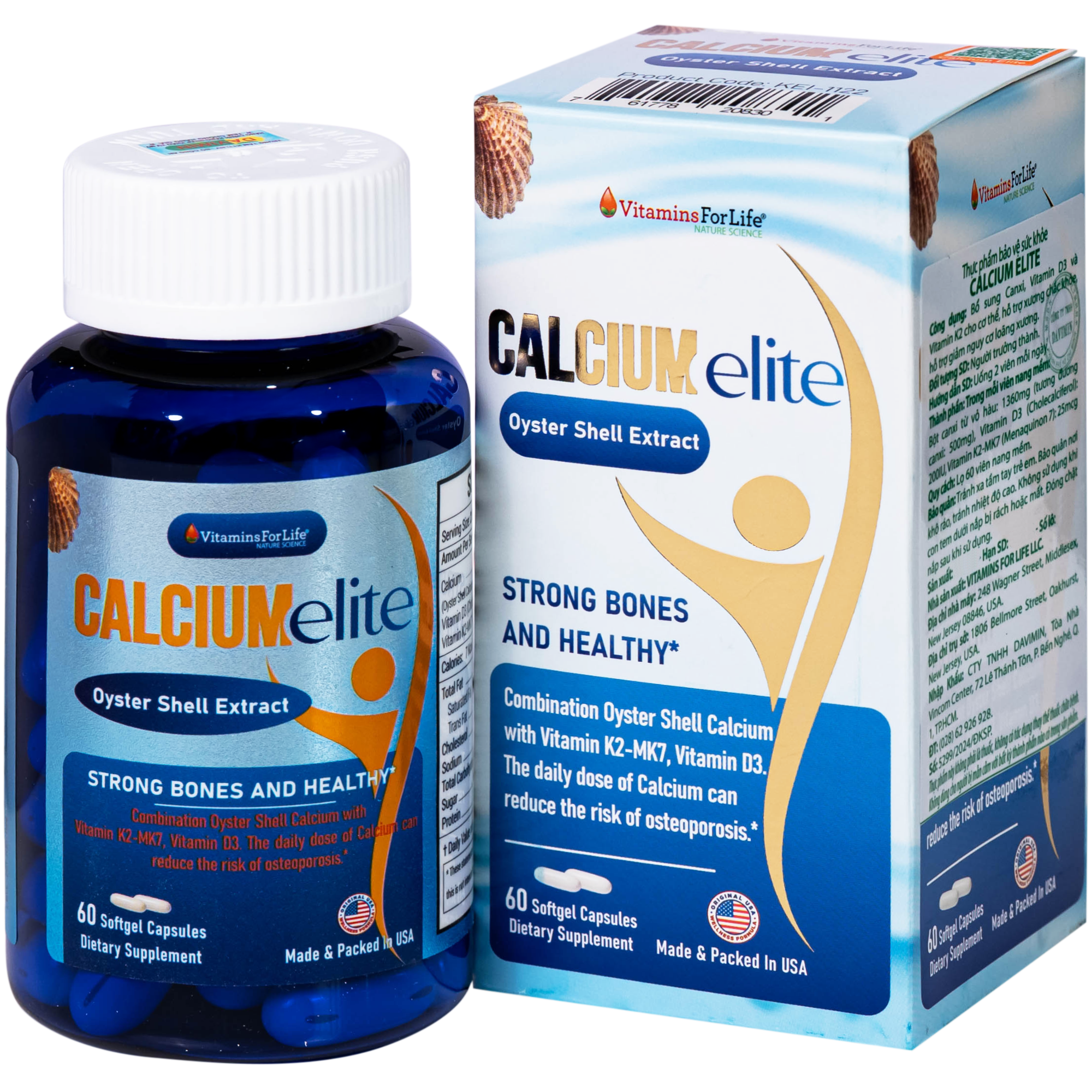 VIÊN UỐNG BỔ SUNG CANXI, VITAMIN D3 VÀ VITAMIN K2 CHO CƠ THỂ, HỖ TRỢ XƯƠNG CHẮC KHOẺ CALCIUMELITE VITAMINS FOR LIFE 60V